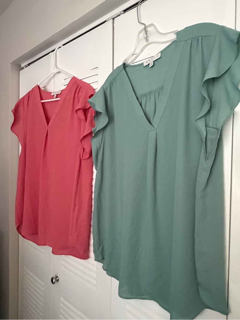 Set of 2-Chaus V-Neck Flutter Sleeve Blouse in Coral and Teal - Picture 2 of 9